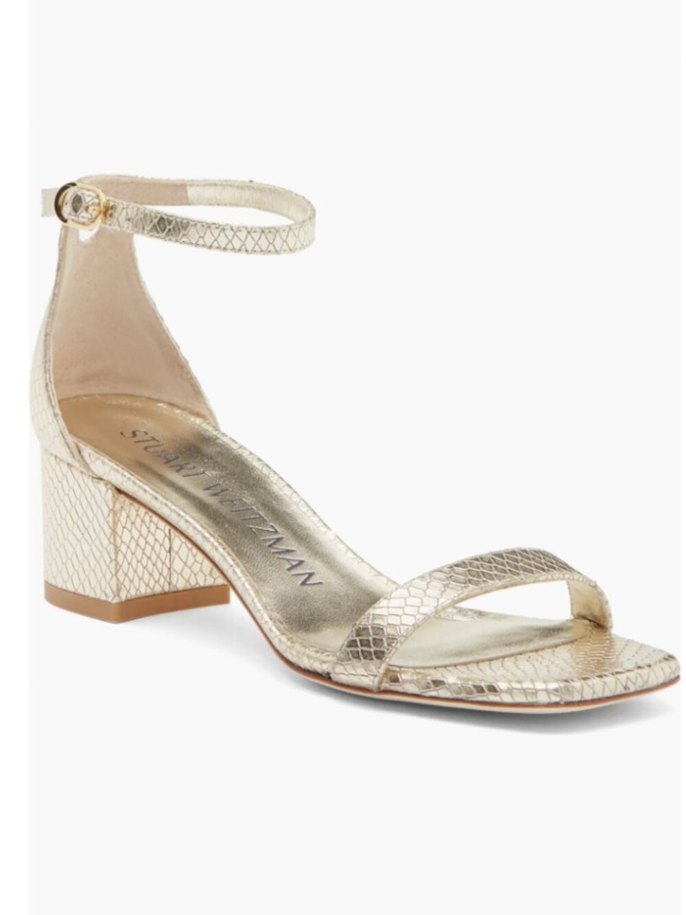 Stuart Weitzman Metallic Gold Snake-Embossed Ankle-Strap Heels